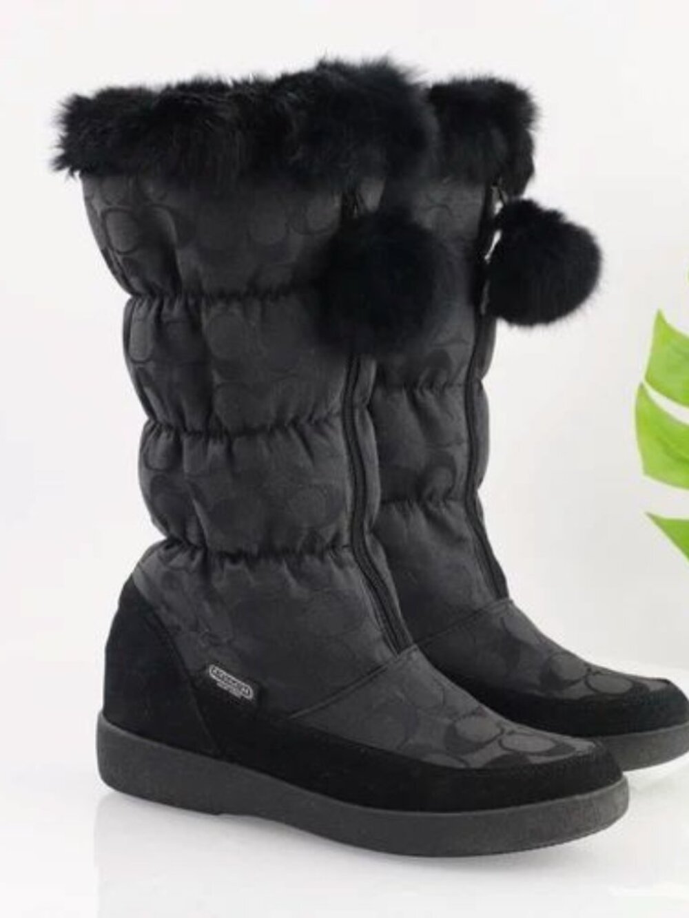 COACH Theona Signature Jacquard Rabbit Fur Winter Boots Goth Old Money Black 6B - Picture 1 of 13